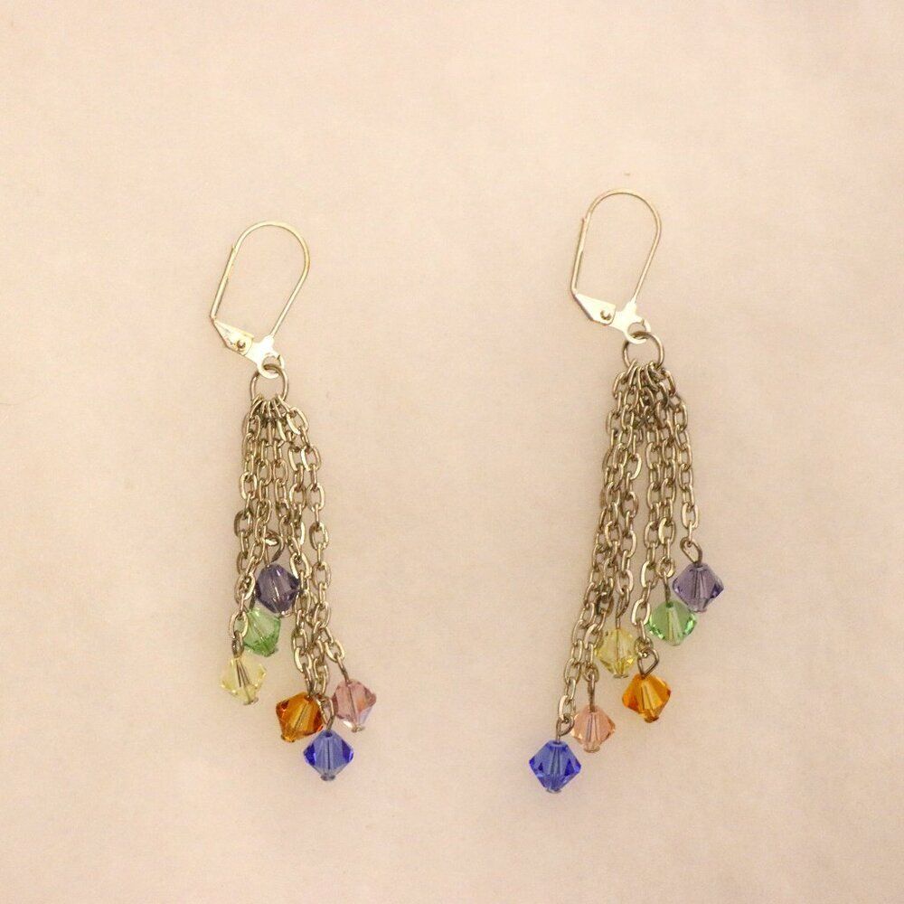 Dangle drop chain link earrings, rainbow colorful fun beads on chain ends, 2